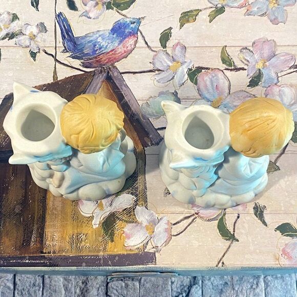 Vintage Porcelain Praying Angel Candlestick Holders Set of Two Cherubs - Picture 6 of 6